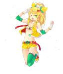  ;d blonde_hair breasts c.c._lemon c.c._lemon_(character) cleavage fingerless_gloves food food_themed_clothes fruit gloves green_eyes green_legwear hao_(patinnko) highres lemon long_hair midriff navel open_mouth ponytail salute shoes short_shorts shorts single_thighhigh smile sneakers solo thigh-highs thighhighs transparent_background vest white_gloves wink 