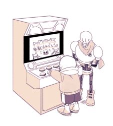  2023 2boys 2d arcade_cabinet armor arms_behind_back black_shorts boots brothers cape digital_media duo full_body gloves height_difference hood hood_down hooded_jacket humanoid jacket long_sleeves male male_focus male_only miya31 monochrome monster monster_boy multiple_boys open_clothes open_jacket orange_theme papyrus_(undertale) playing_games playing_video_games pop'n_music red_cape red_gloves sans_(undertale) shirt shorts siblings simple_background single_vertical_stripe skeleton slippers socks spine standing striped_clothes striped_shorts teeth undead undertale utdr_(toby_fox) vertical-striped_clothes vertical-striped_shorts video_game white_armor white_background white_shirt white_socks white_stripes |_| 