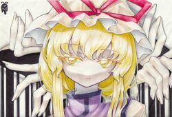  1girl 4others artist_logo blonde_hair closed_mouth colored_eyelashes commentary fingernails gap_(touhou) hat hat_ribbon highres iigudaguda1122 light_smile logo long_hair looking_at_viewer mob_cap multiple_others portrait purple_shirt red_ribbon ribbon shirt solo_focus touhou white_hat yakumo_yukari yellow_eyes 