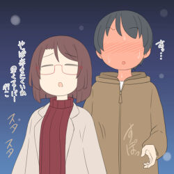  1boy 1girl :o =_= black_hair blush brown_hair brown_jacket closed_eyes faceless faceless_male full-face_blush glasses hood hood_down hooded_jacket jacket juukyuu nanako_(juukyuu) night original outdoors parted_lips red-framed_eyewear red_sweater ribbed_sweater semi-rimless_eyewear shirt shuu_(juukyuu) snowing sweat sweater translation_request turtleneck turtleneck_sweater under-rim_eyewear upper_body white_shirt 
