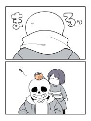  1boy 1other 2023 2d ambiguous_gender blue_jacket child comic digital_media double_horizontal_stripe drawstring duo frisk_(undertale) fruit fruit_on_head grey_hood hands_in_pockets hollow_eyes hood hood_down hooded_jacket horizontal-striped_clothes human humanoid jacket long_sleeves male miya31 monster monster_boy no_mouth open_clothes open_jacket orange_(fruit) sans_(undertale) sequential shirt short_hair shorts simple_background skeleton striped_clothes striped_sweater sweater teeth text translation_request two-tone_sweater undead undertale utdr_(toby_fox) white_background white_shirt 