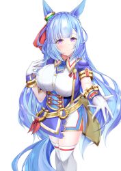  1girl absurdres animal_ears blue_corset blue_hair blue_jacket blue_necktie blush boots braid breasts cela_f commentary_request corset cowboy_shot criss-cross_strings cropped_jacket crown_braid ear_covers ear_ornament ear_ribbon fold-over_boots glorious_azure_costume_(umamusume) gloves hair_ornament highres horse_ears horse_girl horse_tail jacket large_breasts long_hair looking_at_viewer mejiro_ardan_(umamusume) necktie official_alternate_costume pinwheel pinwheel_hair_ornament shirt short_necktie short_sleeves smile solo tail thigh-highs thighhighs_under_boots umamusume violet_eyes white_background white_boots white_gloves white_shirt white_thighhighs 