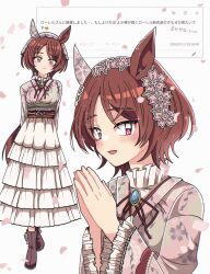  1girl animal_ears blush boots breasts brown_hair closed_mouth commentary_request ear_covers floral_print floral_print_kimono flower-shaped_pupils flower_in_eye highres horse_ears horse_girl japanese_clothes kimono looking_at_viewer open_mouth petals pink_kimono print_kimono sakura_laurel_(nouvelle_pousse)_(umamusume) sakura_laurel_(umamusume) short_hair single_ear_cover smile symbol-shaped_pupils symbol_in_eye umamusume violet_eyes yoka 