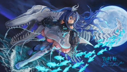  1girl animal armored_boots asymmetrical_legwear blue_eyes blue_hair blue_sky boots cirrus_clouds commentary_request commission detached_sleeves dido_(di_do_di_do) dress dutch_angle expressionless fish floating_hair full_body full_moon gloves hair_intakes hair_ornament highres horizon long_hair long_sidelocks looking_to_the_side mismatched_legwear moon night ocean original outdoors prehensile_hair puffy_sleeves school_of_fish sidelocks skeb_commission skeleton skeleton_hair_ornament skull sky sleeveless sleeveless_dress solo tentacles thank_you thigh_boots walking walking_on_liquid white_dress 