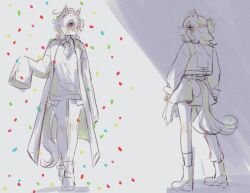  2boys 2girls absurdres agnes_tachyon_(tach-nology)_(umamusume) agnes_tachyon_(umamusume) ahoge animal_ears boots braid breasts calamity_brezze coat confetti earrings hair_between_eyes hair_ornament half_up_half_down_braid highres horse_ears horse_girl horse_tail jacket jewelry jungle_pocket_(champion's_battle_cry)_(umamusume) jungle_pocket_(umamusume) lab_coat limited_palette long_sleeves looking_at_another medium_hair multiple_boys multiple_girls necktie notched_ear pantyhose red_eyes shirt short_necktie single_earring skirt sleeves_past_fingers sleeves_past_wrists socks sweater tail umamusume 