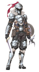  1boy armor armored_boots black_boots black_gloves black_pants boots breastplate broken_horns buckler chainmail commentary_request dagger facing_viewer full_armor full_body fur_collar gloves goblin_slayer goblin_slayer! grey_armor grey_helmet grey_pants helm helmet holding holding_sword holding_weapon kannatsuki_noboru knife male_focus official_art pants plume second-party_source sheath sheathed shield simple_background solo standing sword unsheathed visor_(armor) weapon weapon_request white_background 