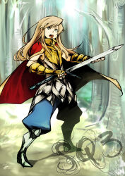  1boy armor armored_boots bare_tree blonde_hair blue_eyes blue_pants boots breastplate bright_pupils cape commentary_request forest full_body gauntlets holding holding_sword holding_weapon long_hair long_sidelocks looking_at_viewer male_focus nature open_mouth outdoors pants puffy_pants red_cape sekaiju_no_meikyuu sekaiju_no_meikyuu_3 shibta1104 sidelocks solo sovereign_(sekaiju) sovereign_3_(sekaiju) sword teeth tongue tree two-sided_cape two-sided_fabric upper_teeth_only weapon white_pupils 