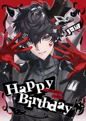  1boy amamiya_ren black_coat black_hair black_hat cat coat copyright_name doran_(doran7280) gloves hair_between_eyes hat heart highres jacket looking_at_viewer male_focus mask parted_lips persona persona_5 red_gloves short_hair smile solo top_hat upper_body 