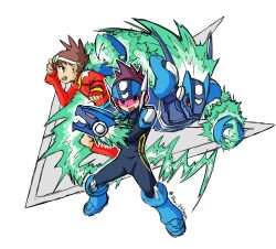  2boys :d assault_visor blue_bodysuit blue_helmet bodysuit brown_eyes brown_hair commentary_request dual_persona em_being_(mega_man) eyewear_on_head fingerless_gloves full_body geo_stelar_(mega_man) gloves helmet highres long_sleeves looking_at_viewer mega_man_(series) mega_man_star_force_(series) multiple_boys omega-xis_(mega_man) open_mouth purple_hair red_gloves red_shirt shirt shu_salmon smile spiky_hair star_force_mega_man twitter_username 