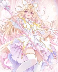 1girl antenna_hair blonde_hair bow brooch capelet commentary_request cure_arcana cutlass_(classic_chocolate) dress feathers frilled_capelet frilled_cuffs frills gradient_hair hair_intakes heart heart_brooch highres holding holding_staff jewelry long_hair looking_at_viewer mage_staff magical_girl meitantei_precure! moria_luluka multicolored_hair open_mouth precure shine_arcana_rod smile solo staff thigh-highs veil very_long_hair white_capelet white_dress white_veil winged_heart wrist_cuffs