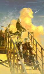  2boys 94545390178 brothers chinese_commentary clouds cloudy_sky commentary_request dante_(devil_may_cry) devil_may_cry_(series) devil_sword_dante falling_star highres multiple_boys night siblings sitting sitting_on_stairs sky stairs sunset twins vergil_(devil_may_cry) white_hair yamato_(sword) 