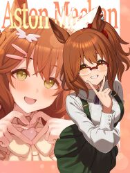  07nono06 1girl animal_ears aston_machan_(casual)_(umamusume) aston_machan_(everlasting_candy)_(umamusume) aston_machan_(umamusume) bespectacled black_skirt blush bow breasts brown_hair character_name choker commentary_request crown dress ear_covers four-finger_heart_hands glasses green_eyes hair_between_eyes hair_bow hair_ornament heart heart_choker heart_hands highres horse_ears horse_girl horse_tail long_sleeves looking_at_viewer mini_crown official_alternate_costume one_side_up open_mouth outside_border red-framed_eyewear semi-rimless_eyewear shirt short_hair simple_background single_ear_cover skirt smile suspender_skirt suspenders tail umamusume upper_body v v_over_mouth white_shirt wing_hair_ornament 