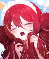  1girl absurdres akane_lize blonde_streaks blue_sky closed_eyes commentary_request crying day hair_focus hands_up highres holding_own_hair korean_commentary long_hair maid_headdress multicolored_hair open_mouth outdoors portrait red_hair sky solo stellive streaked_hair streaming_tears tears twintails virtual_youtuber wavy_mouth yangcho 