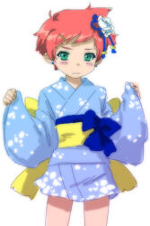  1girl blue_kimono cowboy_shot earrings embarrassed green_eyes hair_ornament hairclip japanese_clothes jewelry kimono kumatora lowres mother_(series) mother_3 obi pink_hair sash senntakuya short_hair short_kimono short_yukata solo white_background yukata 