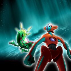  artist_request aurora black_sclera chest_jewel claws clenched_hand colored_sclera commentary deoxys deoxys_(normal) dragon english_commentary fang official_art open_mouth outline pokemon pokemon:_destiny_deoxys pokemon_(anime) pokemon_(creature) pokemon_focus pokemon_the_series:_ruby_and_sapphire rayquaza smile space star_(sky) third-party_source white_eyes white_outline yellow_eyes 