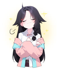  1girl :3 absurdres ahoge belt belt_buckle black_belt black_hair blush braid buckle cleavage_cutout closed_eyes closed_mouth clothing_cutout collared_shirt commission cropped_torso crossed_arms doyagao dress_shirt facing_viewer fang gradient_background hair_flaps hair_ornament hairclip highres honi_(honi1010) jacket long_hair long_sleeves off_shoulder open_clothes open_jacket original parted_bangs pink_jacket puff_of_air puffy_long_sleeves puffy_sleeves shirt shirt_tucked_in side_braid simple_background single_braid skin_fang sleeves_past_wrists smile smug solo sparkle upper_body very_long_hair wavy_mouth white_background white_shirt x_hair_ornament 