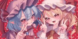  2girls ascot bat_wings blonde_hair blue_hair blush bow brooch closed_mouth collared_shirt commentary_request crystal crystal_wings double_v emosk fang fingernails flandre_scarlet frilled_shirt_collar frills hat hat_bow hat_ribbon highres jewelry long_fingernails long_hair long_sleeves looking_at_viewer mob_cap multicolored_wings multiple_girls one_side_up pink_hat pink_shirt pointy_ears polka_dot polka_dot_background red_ascot red_background red_bow red_eyes red_nails red_vest remilia_scarlet ribbon sharp_fingernails shirt siblings sisters skin_fang smile touhou v vest watermark white_hat white_shirt wings yellow_ascot 