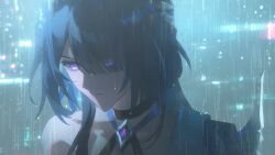  1girl acheron_(honkai:_star_rail) black_choker building chinese_commentary choker city city_lights closed_mouth commentary_request glowing glowing_eyes hair_over_one_eye highres honkai:_star_rail honkai_(series) looking_down night outdoors purple_hair rain single_bare_shoulder single_wide_sleeve solo tcuas upper_body violet_eyes wet wet_clothes wet_hair 