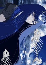  1other black_shirt blue_eyes blue_hair blue_sky clouds colored_skin commentary_request crystal_hair day fish_skeleton floating_hair gem_uniform_(houseki_no_kuni) highres houseki_no_kuni lapis_lazuli_(houseki_no_kuni) long_hair looking_at_viewer maikeru2go other_focus outdoors puffy_short_sleeves puffy_sleeves shirt short_sleeves sideways sky smile solo upper_body white_skin 