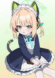  1girl absurdres animal_ear_headphones animal_ears apron blonde_hair blue_archive blue_bow blue_bowtie blush bow bowtie breasts cat_ear_headphones cat_ears cat_tail commentary_request dress fake_animal_ears fake_tail frilled_apron frilled_dress frilled_hairband frills gradient_background green_background green_eyes green_halo hairband halo headphones highres looking_at_viewer maid maid_apron midori_(blue_archive) one_side_up open_mouth orange_background own_hands_together si_kishi sitting small_breasts sweat tail thigh-highs white_background white_thighhighs 