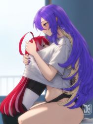  2girls ahoge black_panties blonde_hair colored_inner_hair colored_skin commentary commission english_commentary green_eyes highres hololive hololive_indonesia hug jasper_xandros kureiji_ollie long_hair moona_hoshinova multicolored_hair multiple_girls panties pink_hair purple_hair purple_nails red_eyes red_hair shirt smile starry_hair underwear violet_eyes virtual_youtuber white_shirt yuri zombie 