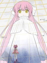 1girl bow capelet celadonstorm choker commentary_request dress expressionless frills giant giantess gloves hair_ribbon highres kaname_madoka kaname_madoka_(magical_girl) long_hair long_sleeves magical_girl mahou_shoujo_madoka_magica mahou_shoujo_madoka_magica:_walpurgis_no_kaiten pink_bow pink_hair ribbon short_twintails size_difference skirt sleeveless socks solo twintails ultimate_madoka upper_body very_long_hair white_dress white_gloves white_socks wings