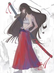  02kf 1girl black_gloves black_hair chest_sarashi cigarette commentary_request from_side gloves hakama hakama_skirt hand_on_own_hip highres holding holding_sword holding_weapon japanese_clothes limbus_company long_hair long_skirt looking_at_viewer project_moon red_eyes red_hakama ryoshu_(project_moon) sarashi skirt smoke smoke_trail smoking socks sword weapon white_socks 
