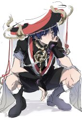  1boy arm_on_thigh armor black_bodysuit black_boots black_hat black_kimono black_shorts black_sleeves blunt_ends bodysuit boots choppy_bangs closed_eyes closed_mouth commentary_request e_ung2 expressionless full_body furisode genshin_impact gold grey_sleeves grey_veil hand_on_own_face hat highres japanese_armor japanese_clothes jewelry jingasa juban kimono korean_commentary kote kurokote layered_sleeves looking_to_the_side male_focus mandarin_collar mitsudomoe_(shape) neck_ring purple_hair purple_rope red_hat red_kimono rope scaramouche_(genshin_impact) scaramouche_(harbinger)_(genshin_impact) shimenawa short_sleeves shorts sketch solo squatting tomoe_(symbol) two-tone_hat veil violet_eyes white_background white_kimono 