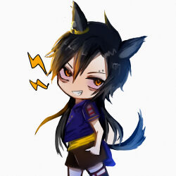  1girl air_shakur_(umamusume) air_shakur_(unsigned)_(umamusume) animal_ears black_shorts blue_jacket chibi chibi_only colored_sclera commentary_request cowboy_shot ear_chain eyebrow_piercing face_piercing grin highres horse_ears horse_girl horse_tail jacket linked_piercing long_hair looking_at_viewer looking_to_the_side orange_eyes piercing pink_sclera shorts simple_background smile solo tail u4r1a3 umamusume white_background 