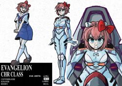  1girl blue_eyes bodysuit bow commentary doki_doki_literature_club east-west_crossover english_commentary hair_bow hair_ornament hair_ribbon highres mecha_pilot_suit neon_genesis_evangelion pink_hair plugsuit_(evangelion) raingal11 red_bow red_ribbon ribbon sayori_(doki_doki_literature_club) school_uniform short_hair short_sleeves skirt solo suspender_skirt suspenders tokyo-3_middle_school_uniform 