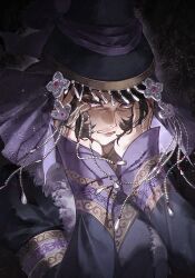  1girl absurdres angry beads black_background black_hair boqta clenched_teeth eyelashes fur-trimmed_shirt fur_trim furrowed_brow hands_on_own_cheeks hands_on_own_face hat highres light_particles lips long_sleeves looking_at_viewer mongolian_clothes pink_lips print_veil purple_hat purple_shirt purple_veil ramiica shirt short_hair sleeves_past_wrists solo teeth tenmaku_no_jaadugar toregene_(tenmaku_no_jaadugar) upper_body veil violet_eyes 