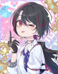  >_o 1girl absurdres aogiri_koukou between_fingers black_gloves black_hair blue_neckerchief blue_shirt blush breasts cigarette collared_shirt colorful_background commentary_request earclip frilled_shirt frills gears gloves gorirasaru440 highres holding holding_cigarette jacket jacket_on_shoulders looking_at_viewer missing_headwear multicolored_hair neckerchief one_eye_closed outside_border parted_hair partially_fingerless_gloves piercing pinstripe_pattern pinstripe_shirt red_eyes red_streaks shirt short_hair side_part sleeve_cuffs sleeve_garter small_breasts smoking solo streaked_hair symbol_in_eye tongue tongue_out tongue_piercing tsukiyuki_ibuki upper_body virtual_youtuber 