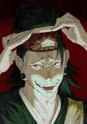  1boy aihter9 black_hair brain brown_eyes commentary ear_piercing exposed_brain geto_suguru geto_suguru_(kenjaku) jujutsu_kaisen kenjaku looking_at_viewer open_mouth piercing plug_(piercing) red_background simple_background solo untranslatable_commentary 