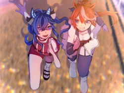  2girls animal_ears blue_eyes blue_hair boots brown_hair commentary_request full_body garter_straps hair_between_eyes high_ponytail horse_ears horse_girl jacket long_hair long_sleeves looking_at_another looking_to_the_side multiple_girls open_mouth original_race_uniform_(umamusume) ponytail purple_thighhighs race_bib red_shorts running shirt shorts skirt smile starting_future_(umamusume) thigh-highs tokai_teio_(umamusume) twin_turbo_(umamusume) twintails u4r1a3 umamusume violet_eyes white_boots white_jacket white_shirt white_skirt 