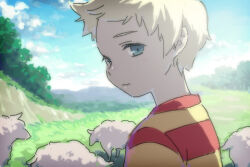  1boy blonde_hair blue_eyes from_side grass looking_at_viewer lowres lucas_(mother_3) male_focus mother_(series) mother_3 outdoors portrait quiff senntakuya sheep shirt short_hair solo striped_clothes striped_shirt 