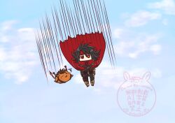  2boys ^^^ black_hair blue_sky cape chibi chibi_only clouds cloudy_sky commentary_request falling fiery_tail final_fantasy final_fantasy_vii fire headband highres kumadakuma looking_at_another multiple_boys one_eye_closed open_mouth red_cape red_fur red_headband red_xiii scar scar_across_eye scar_on_face sky smile tail vincent_valentine watermark 