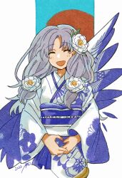  1girl alternate_costume batoson54 breasts closed_mouth commentary_request dated facing_viewer fire_emblem fire_emblem:_the_blazing_blade floral_print floral_print_kimono florina_(fire_emblem) flower hair_flower hair_ornament happy highres japanese_clothes kimono long_hair open_mouth print_kimono purple_hair purple_kimono purple_sash sash small_breasts smile solo straight-on two-tone_kimono upper_body white_flower white_kimono wide_sleeves 