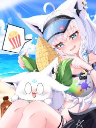  1girl :3 absurdres afterimage ahoge animal_ears aqua_eyes beach blue_sky blush clouds commentary_request corn creature creature_on_lap day fang feet_out_of_frame food fox_ears fox_girl fox_tail from_side highres hololive hololive_dreams looking_at_another motion_lines navel ocean official_alternate_costume open_mouth outdoors popcorn sand shirakami_fubuki shirakami_fubuki_(twinkle_on_the_shore) shirt sitting siw_(siw_0208) skin_fang sky sukonbu_(shirakami_fubuki) sun tail virtual_youtuber visor_cap water wet wet_clothes wet_shirt white_hair 