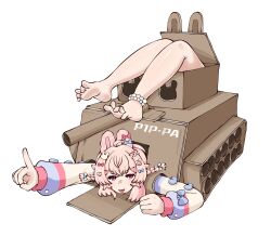  1girl absurdres animal_ears anklet bead_anklet beads bow cardboard_costume character_name commentary ear_bow english_commentary feet hair_ornament heart heart_hair_ornament highres index_finger_raised jewelry long_sleeves looking_at_viewer medium_hair military_vehicle motor_vehicle open_mouth phase_connect phase_origins pink_eyes pink_hair pipkin_pippa rabbit_cutout rabbit_ears rabbit_girl rabbit_hair_ornament rabbit_ornament simple_background solo spread_toes star_(symbol) star_hair_ornament tank thefaditto toes virtual_youtuber white_background 