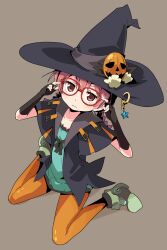  1girl adjusting_eyewear bad_id bad_pixiv_id black_capelet black_gloves black_hat braid capelet chloe_(sekaiju) closed_mouth collarbone dress fingerless_gloves flat_chest from_above gloves grey_hair hair_between_eyes hat highres ixy orange_pantyhose pantyhose pink_hair pumpkin_hat_ornament red-framed_eyewear sekaiju_no_meikyuu shin_sekaiju_no_meikyuu_2 simple_background sitting solo star-shaped_gem twin_braids wariza witch_hat 