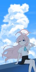  1girl absurdres ahoge arm_behind_head arm_up black_skirt blue_archive blue_eyes blue_ribbon blue_sky blush closed_mouth clouds cloudy_sky collared_shirt commentary cumulonimbus_cloud day feet_out_of_frame floating_hair hair_between_eyes halo highres honi_(honi1010) hoshino_(blue_archive) huge_ahoge id_card long_hair looking_at_viewer neck_ribbon one_eye_closed outdoors pink_hair pink_halo plaid_clothes plaid_skirt pleated_skirt ribbon school_uniform shirt shirt_tucked_in short_sleeves sitting skirt sky smile solo very_long_hair white_shirt 