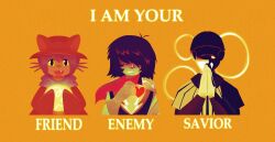  1boy 2others add-on_(off) animal_hat armor baseball_uniform black_ears black_hat blue_hair blue_scarf blue_skin brown_coat brown_hat brown_poncho brown_tunic cape cat_hat coat colored_sclera colored_skin dark_skin deltarune english_commentary genre_connection hat highres holding_bulb holding_light_bulb kris_(dark_world)_(deltarune) kris_(deltarune) light_bulb multiple_others niko_(oneshot) off_(game) oneshot_(game) oversized_sweater pink_cape praying purple_scarf red_soul_(utdr) scarf shirt simple_background soul_(utdr) sportswear striped_clothes striped_shirt the_batter_(off) tunic utdr_(toby_fox) white_skin yellow_background yellow_sclera zonkdiggitydog 