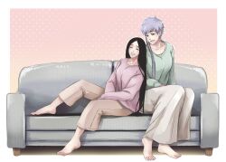  2girls absurdres anno_im balcony barefoot bleach braid breasts brown_pants casual closed_eyes commentary_request couch earrings green_sweater grey_eyes grey_hair hair_down highres jewelry kotetsu_isane large_breasts long_hair multiple_girls pants polka_dot polka_dot_background purple_sweater short_hair_with_long_locks side_braid sitting smile sweater unohana_retsu 
