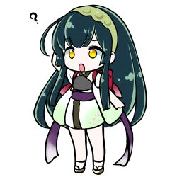  1girl :o ? absurdres ahoge chibi chibi_only edomura_niniko full_body green_hair green_hairband green_kimono hairband hand_up highres japanese_clothes kimono long_hair obi official_art okobo open_mouth platform_sandals purple_sash sandals sash second-party_source short_sleeves simple_background socks solo standing tabi touhoku_zunko transparent_background very_long_hair voiceroid white_socks yellow_eyes 
