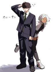  2boys absurdres black_jacket black_pants black_shirt black_suit black_thighhighs blunt_ends brown_hair business_suit collared_shirt commentary_request covered_eyes dark-skinned_male dark_skin formal_clothes freckles garter_straps green_necktie hair_over_eyes highres iu15236376 jacket long_bangs male_focus multiple_boys necktie original pant_suit pants shirt short_hair skirt suit suit_jacket suit_pants tan thigh-highs trap white_background white_hair white_jacket white_skirt yellow_eyes 
