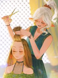  2girls asimov_(spindlesong) bare_arms brown_hair closed_eyes cutting_another's_hair cutting_hair green_shirt hairdressing hand_in_another's_hair highres holding holding_another's_hair holding_scissors long_hair multiple_girls original ottilie_(spindlesong) pointy_ears ponytail scissors shirt spindlesong white_hair 