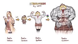  1girl artist_name black_thighhighs blonde_hair blue_eyes brown_skirt buffson character_name deerstalker english_text hat highres hololive hololive_english looking_at_viewer medium_hair muscular muscular_female necktie progression red_necktie shirt skirt smol_ame source_request tanukidraws thigh-highs watson_amelia watson_amelia_(1st_costume) waving white_background white_shirt zettai_ryouiki 