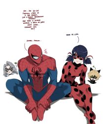  2boys 2girls absurdres adrien_agreste black_cat_(marvel) blonde_hair blue_bodysuit blue_eyes blue_hair bodysuit breasts chat_noir commentary crossover english_commentary english_text eye_mask gloves green_eyes grey_hair highres ladybug_(miraculous_ladybug) looking_at_another marinette_dupain-cheng marvel mask masoq medium_breasts miraculous_ladybug multicolored_bodysuit multiple_boys multiple_girls polka_dot polka_dot_bodysuit red_bodysuit red_gloves red_mask simple_background sitting spider-man spider-man_(original_suit) spider-man_(series) superhero_costume twintails two-tone_bodysuit white_background 