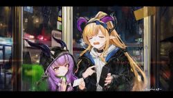  2girls absurdres arknights arknights:_endfield artist_name black_jacket blonde_hair cellphone chinese_commentary commentary_request drawstring ears_through_hood highres holding holding_phone hood hood_up hoodie horns jacket letterboxed liino_(arknights) long_hair moloo27 multiple_girls phone pointy_ears purple_hair raised_inner_eyebrows signature tearing_up typhoeus_(arknights) typhon_(arknights) upper_body violet_eyes water_drop wavy_mouth white_hoodie 