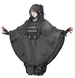  1girl absurdres black_choker black_cloak black_gloves black_hair black_poncho bulletproof_vest choker cloak commentary cropped_legs english_commentary gloves hair_over_one_eye highres lineart mole mole_under_mouth original outstretched_arms ponytail red_eyes seilindekos sketch solo spread_arms tactical_clothes white_background 